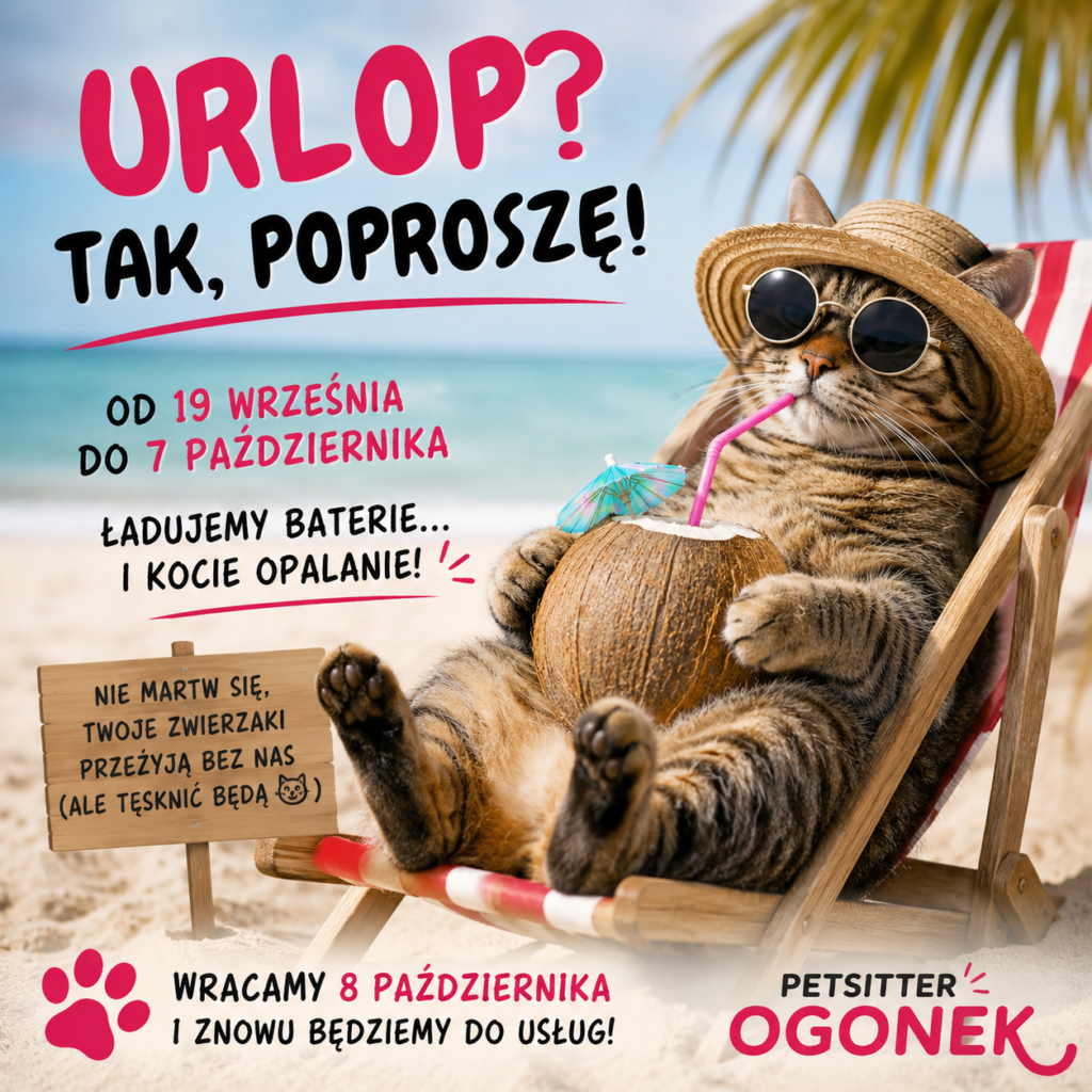 Przerwa urlopowa Petsitter Ogonek Grafika informująca o przerwie urlopowej Petsitter Ogonek od 19 września do 7 października.